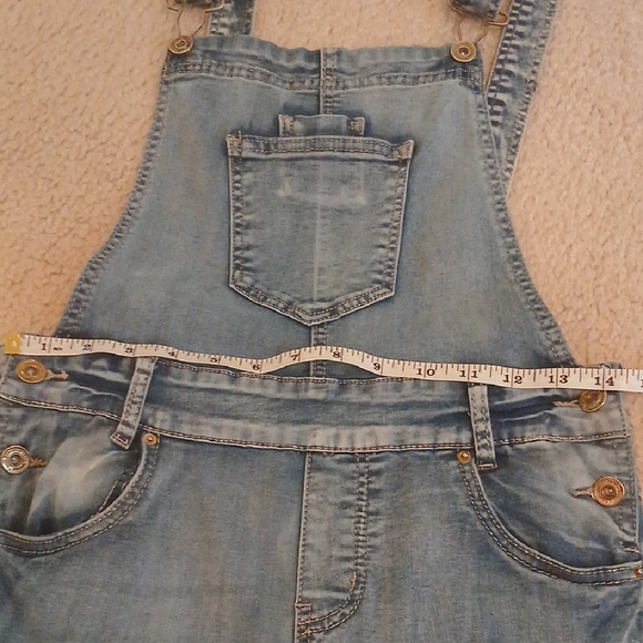 Juniors Blue Denim Distressed Overalls - Picture 9 of 9